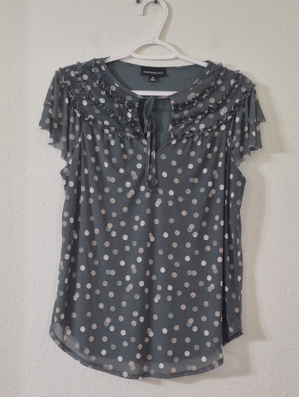 Fortune+ivy  Slate Gray Polka Dot Ruffle Tie Neck Blouse